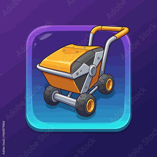 Cartoon-style illustration of a yellow wheelbarrow on a vibrant purple background, ideal for gardening themes