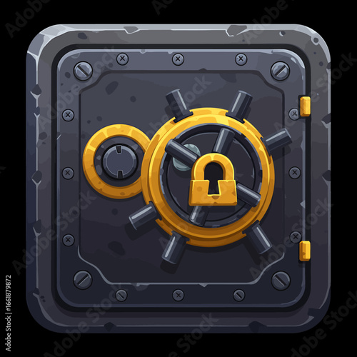 Cartoon-style illustration of a secure vault with a golden lock and dial mechanism, set against a dark background