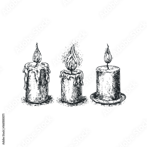 Three burning wax candles with dripping wax and flame details