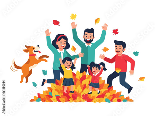 Family's Autumn Delight: In the vibrant embrace of autumn, a spirited family celebrates amidst a pile of fallen leaves, with their playful dog joining the merry frolic.