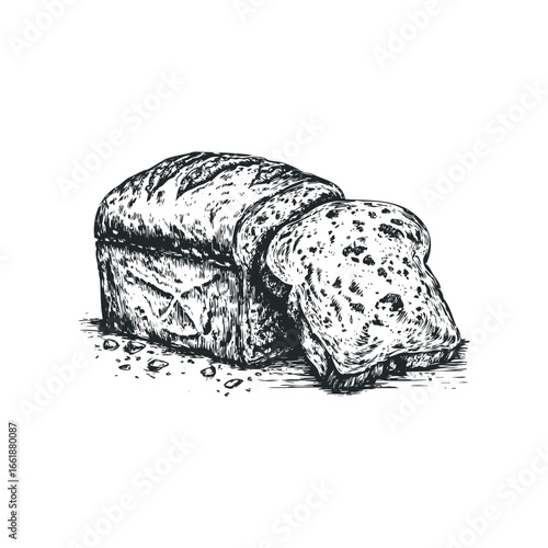 Sketch of whole and sliced loaf of rustic bread with crust