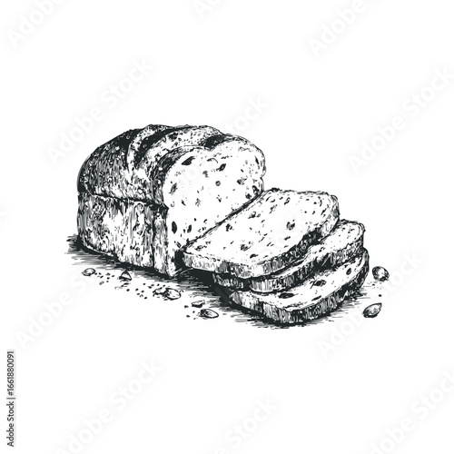 Hand drawn loaf of bread with sliced pieces on white background