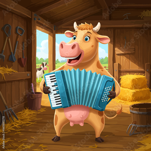 Cheerful cartoon cow playing an accordion in a barn filled with hay and farming tools