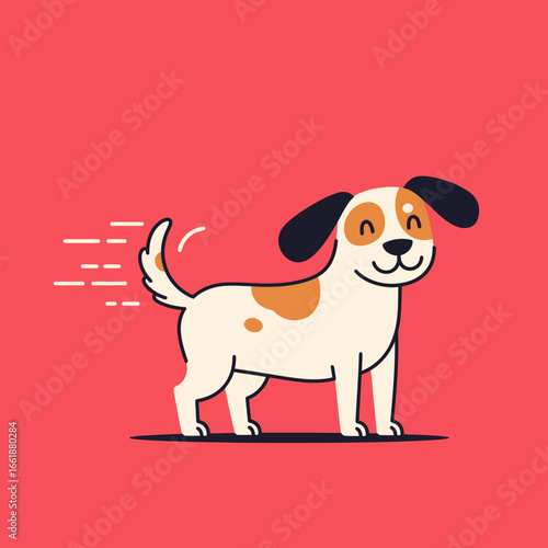 Cheerful cartoon dog happily wagging its tail against a vibrant red background, conveying joy