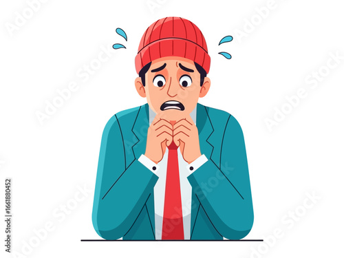 Fearful illustration: A person in a panic moment with sweat on their face and wearing a red hat with a blue suit. Perfect for conveying anxiety and stress in various scenarios.