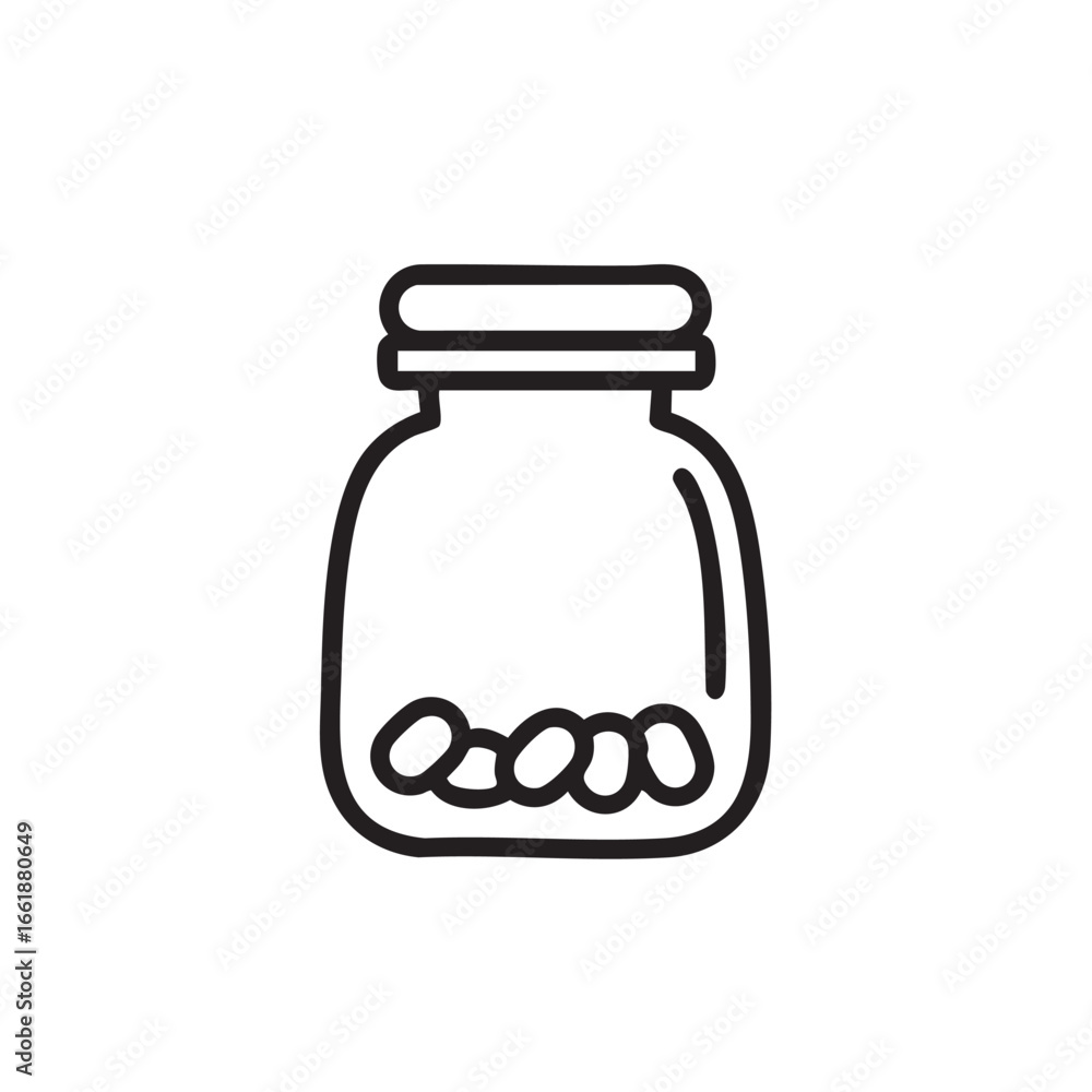 Obraz premium A simple line icon of a jar with a few pills inside.