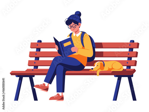 Reading Serenity: A young woman engrossed in a book finds solace on a bench, accompanied by her loyal dog in this charming illustration.
