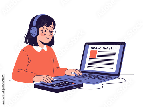 Digital Listener's World: The woman with headphones, immersed in sound and focus, types swiftly on her laptop, while her hand hovers over a vintage device.