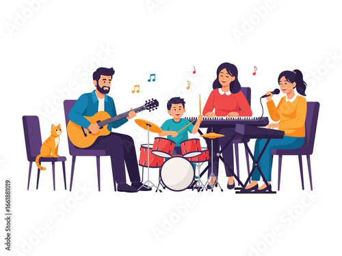 Family Band Practice: A heartwarming illustration of a family enjoying a musical band practice session at home, featuring a father playing the acoustic guitar, mother on the keyboard.