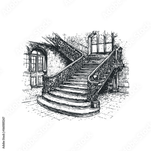Elaborate stone staircase with ornate metal railing and arched doorways