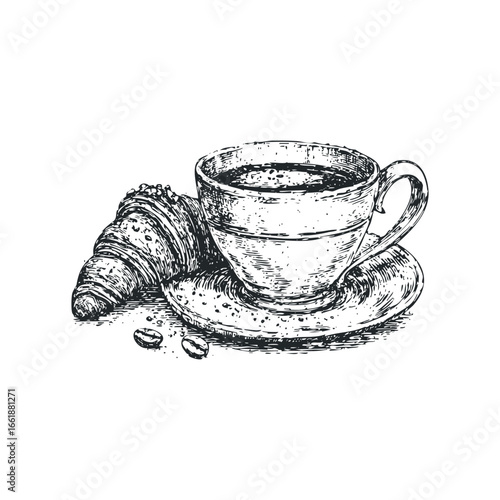 Sketch of a Croissant with Coffee and Beans on a Saucer