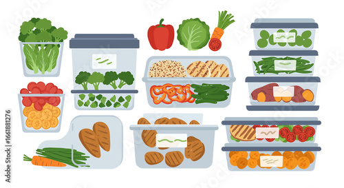 Colorful assortment of meal prep containers filled with fresh vegetables, grains, and proteins on display