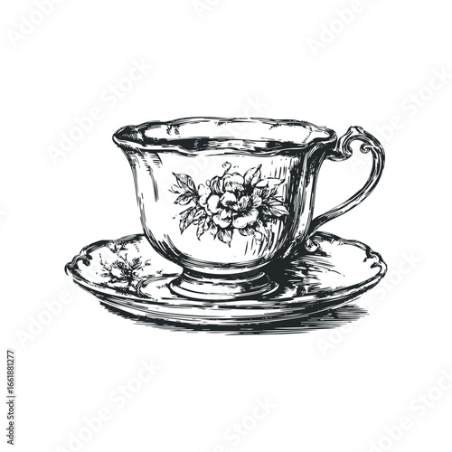 Vintage teacup and saucer with floral engraving in sketch style