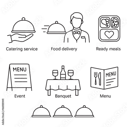 Catering line icon set. Catering service, food, delivery of ready meals, guest service, menu for event, banquet vector