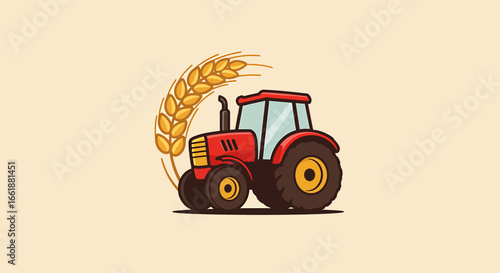 Colorful cartoon tractor harvesting wheat with golden stalks swirling around, set against a simple background