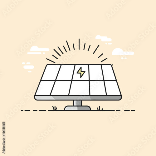 Solar panel generating energy under a bright sun with stylized clouds in a serene environment
