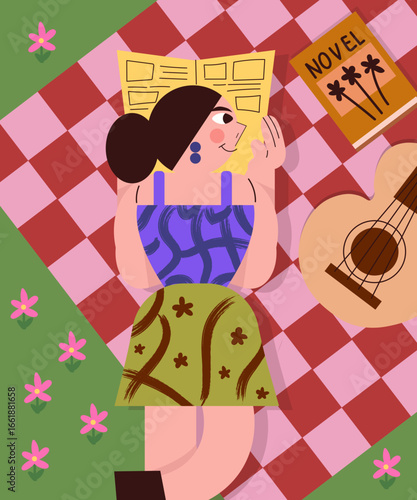 Picnic Storyteller: In a sun-drenched picnic, a woman finds herself immersed in a good book. A guitar and a novel sit beside her, capturing a moment of leisure.