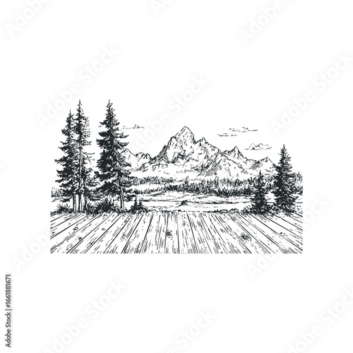 Hand drawn ink sketch of a mountain range with pine trees and wooden planks