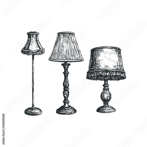 Antique lamps sketched on white background with vintage style