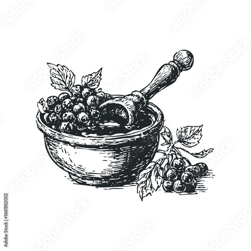 Blackcurrant jam in a rustic bowl with a wooden scoop and fresh berries