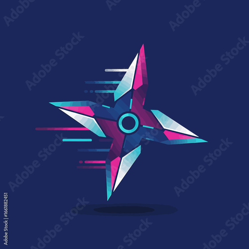 Colorful geometric ninja star design spinning rapidly against a dark blue background