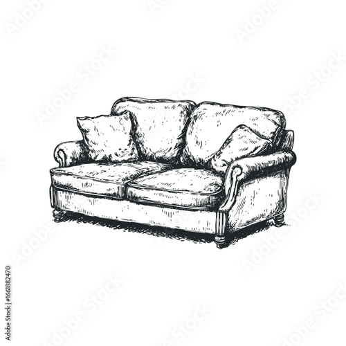 Detailed sketch of a classic two-seater sofa with plush cushions