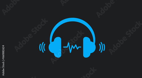 Vibrant blue headphones with sound waves on a dark background, symbolizing music and audio enjoyment