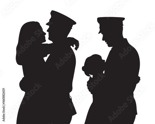 Silhouetted soldiers embrace loved ones