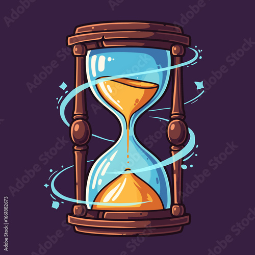Colorful hourglass illustration with swirling sand and magical elements on a purple background