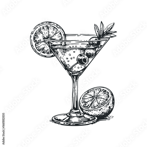Hand drawn sketchy martini glass with citrus and berries