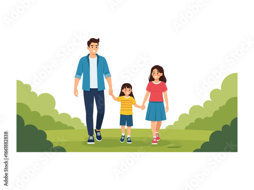Family Stroll: A loving family of three enjoys a carefree day in the park, holding hands while strolling through a serene, lush green space. The illustration depicts a feeling of joy.