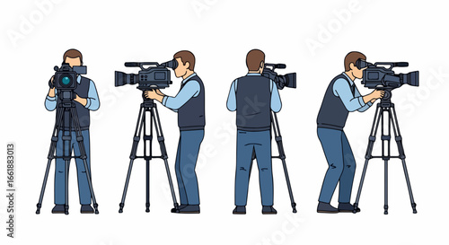 Four Views of a Cameraman with Professional Video Camera on Tripod.