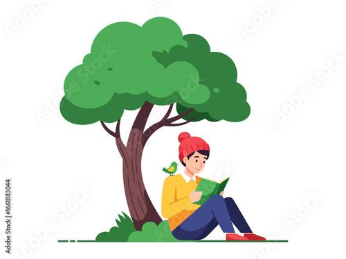 Reading Under The Tree: An serene moment of a person is absorbed in a book, sheltering under the comforting embrace of a grand tree, accompanied by a small bird.