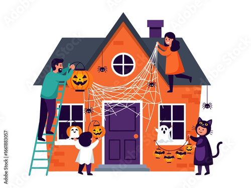 Spooky Home: A family gathers to decorate their home for Halloween, creating a festive and spooky atmosphere with pumpkins, spiderwebs, and a cheerful ambiance. 