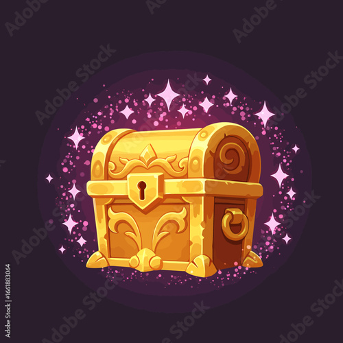 Vibrant golden treasure chest surrounded by sparkling magical particles in a whimsical setting
