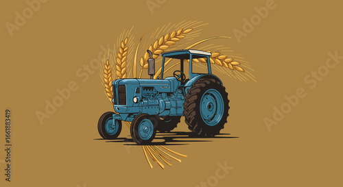 Vintage blue tractor surrounded by golden wheat stalks, symbolizing agricultural productivity
