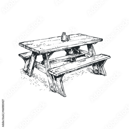 Sketch of wooden picnic table with salt and pepper shakers
