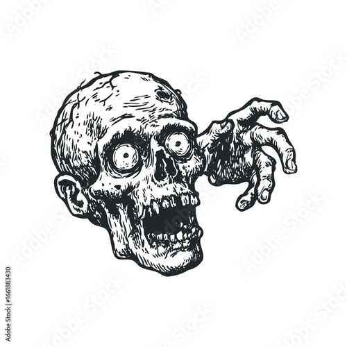 Disturbing Sketch of Zombie Head with Reaching Hand