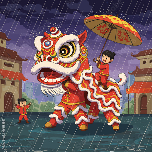 Colorful lion dance performance in the rain with children holding an umbrella in a festive setting