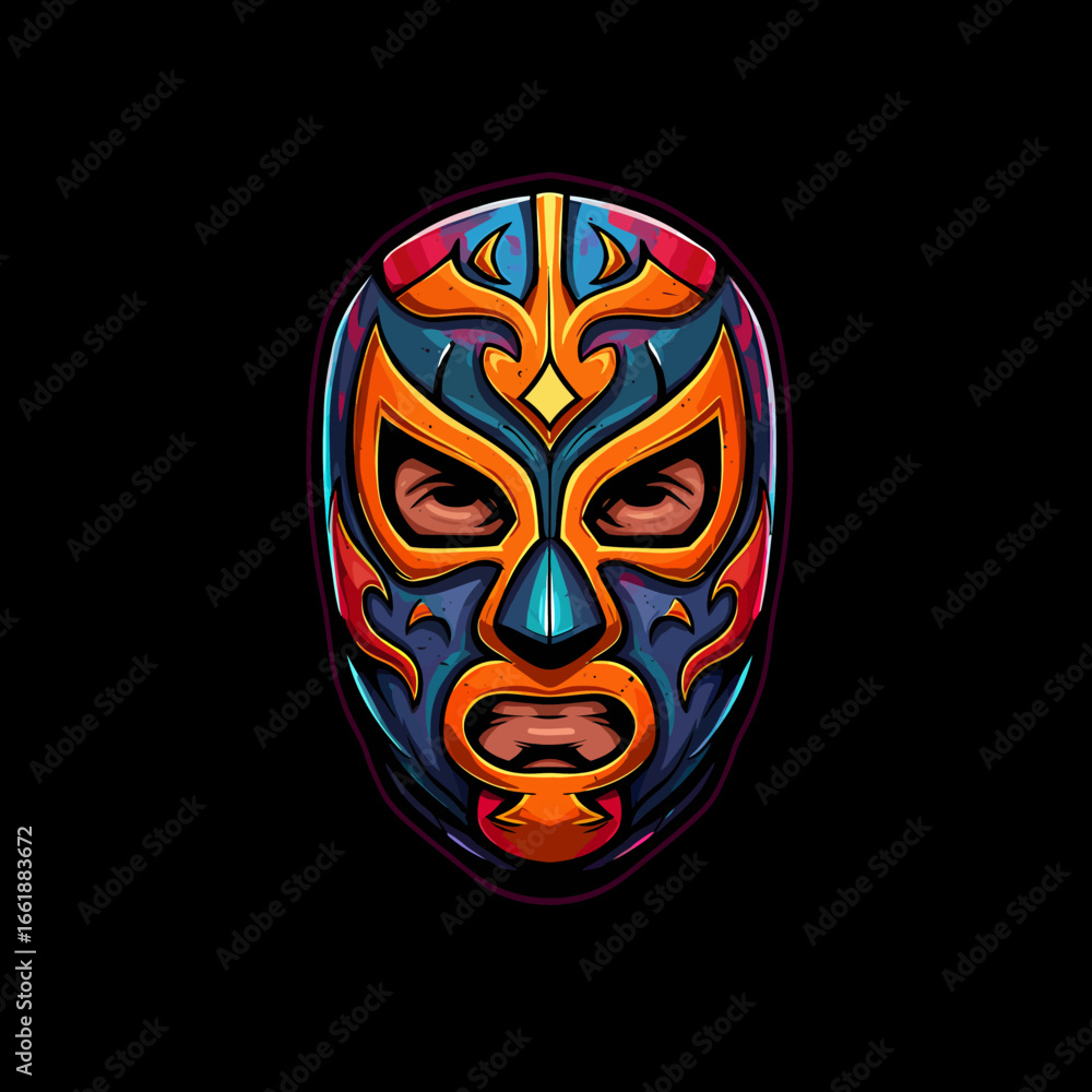 Naklejka premium Colorful luchador mask design featuring intricate patterns and vibrant colors against a black background