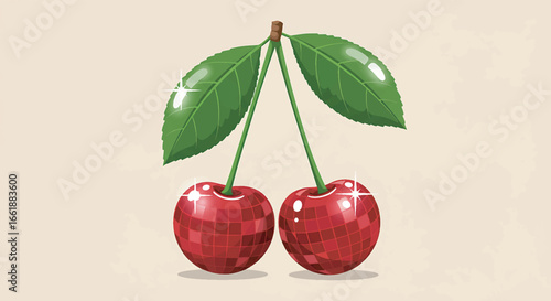 Two ripe cherries with green leaves sitting on a beige surface, creating a simple and clean food presentation with a touch of elegance.
