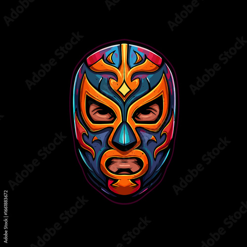 Colorful luchador mask design featuring intricate patterns and vibrant colors against a black background