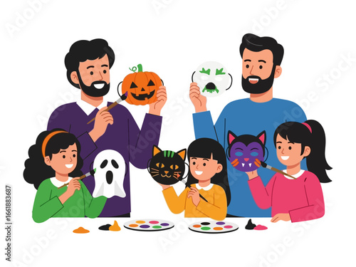 Halloween Mask Creation: A group of individuals come together, enjoying the festivities of Halloween by painting colorful masks, showcasing creativity and the joyful essence of the holiday.