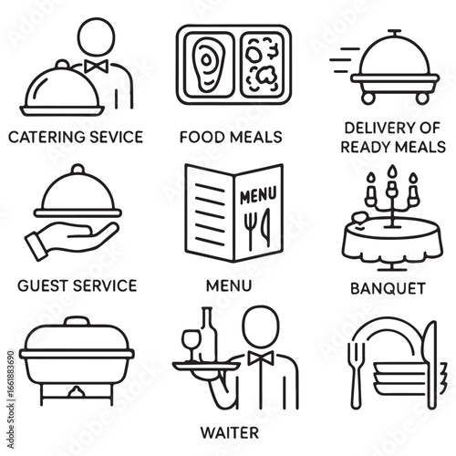 Catering line icon set. Catering service, food, delivery of ready meals, guest service, menu for event, banquet vector