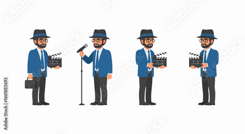 Cartoon Film Director with Clapperboard and Microphone in Various Poses.