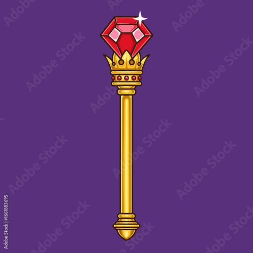 Colorful magical scepter with a red jewel and crown design, set against a vibrant purple background