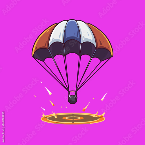 Colorful parachute descending towards a glowing target on a vibrant pink background