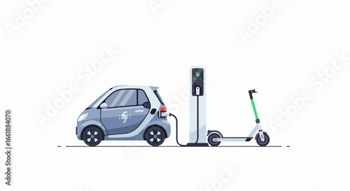 Electric car and scooter charging at a station, symbolizing sustainable urban transport.