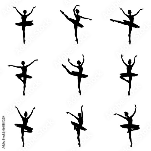 Elegant Collection of Nine Graceful Ballerina Silhouettes Performing Classic Ballet Poses in a Minimalist Style