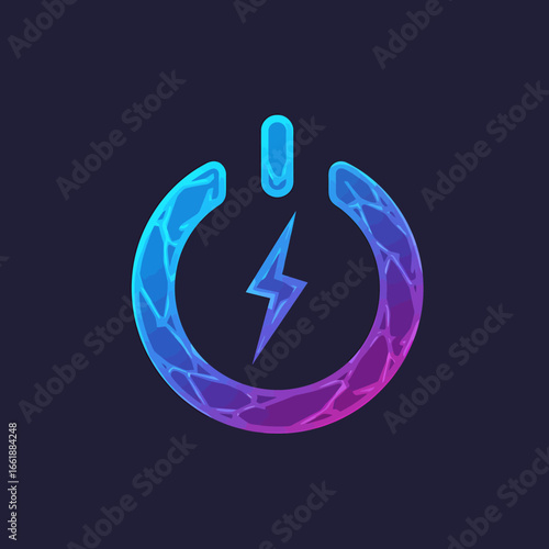 Colorful power button symbol with lightning bolt, glowing against a dark background, ideal for tech themes